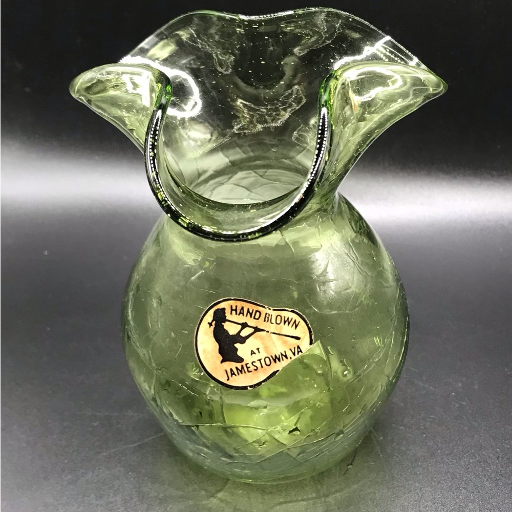 JAMESTOWN Handblown Glass Green Vase Ruffled Rim 5.5" Tall